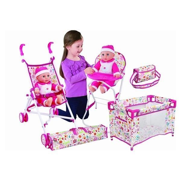 Set Poupon - ME SUPERSTARS - 4 Accessoires - Poussette Canne - Chaise Haute - Lit Parapluie