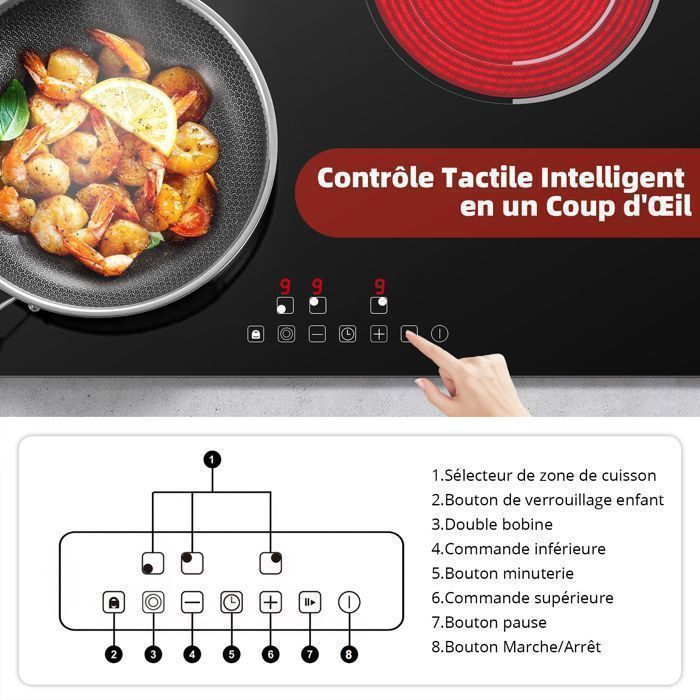 Plaque Vitrocéramique 3 Foyers Encastrable,Plaque de Cuisson,Table de Cuisson 59 cm, 5200W, 9 Niveaux de Puissance, Minuteur Intégré