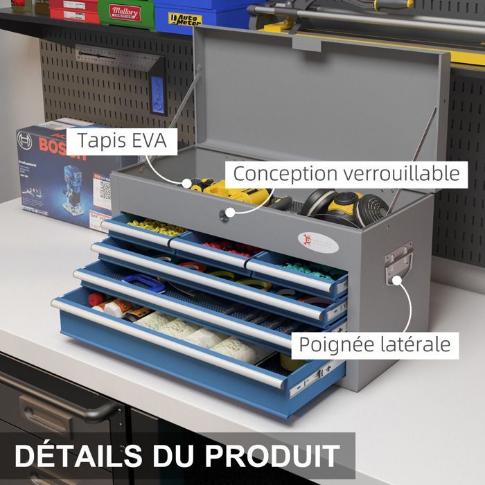 Toolbox - DURHAND - metal, 6 drawers, 1 lockable top tray, 2 keys, handles - metal - blue