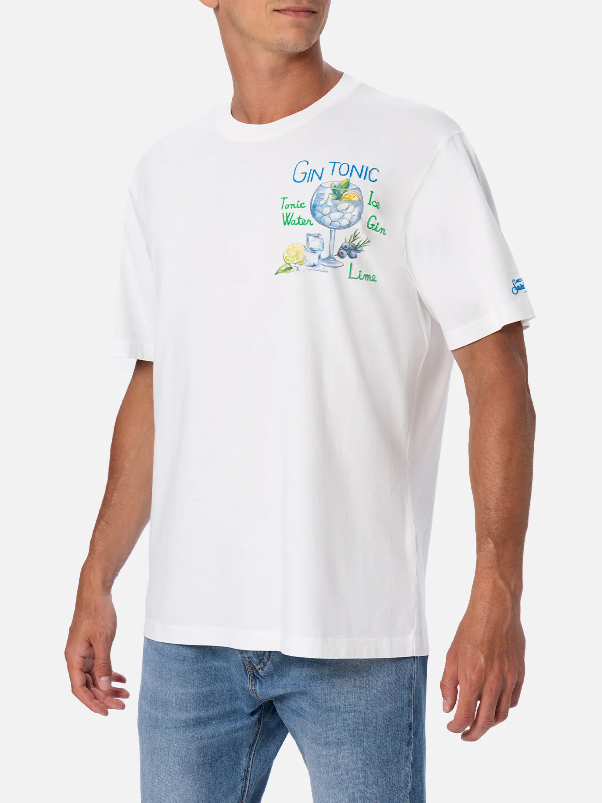 Men's Cotton White Crewneck T-Shirt | Gin Tonic Print & Embroidery | Classic Fit | Lightweight & Comfortable | Embroidered Logo | MC2 Saint Barth