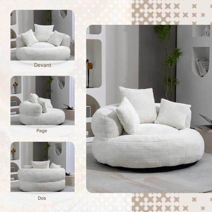 Pouf - LANGTU - Fauteuil poire à dossier haut - Chenille beige - 108x108x52 cm - 3 coussins
