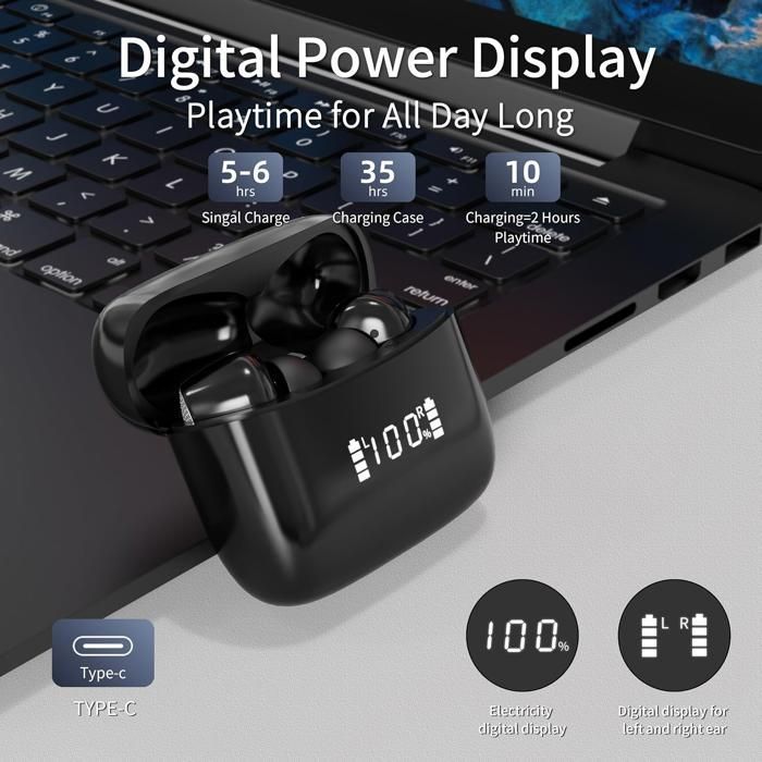 Auriculares inalámbricos Bluetooth 5.4 con cancelación activa de ruido (ANC) y cancelación activa de ruido (ENC), auriculares estéreo resistentes al agua IPX7, 35 horas de duración de la batería, micrófono integrado (Nori) - TOPESCT