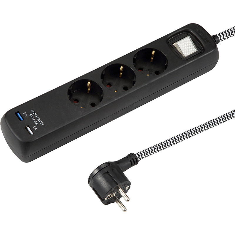 Smartline Brancher 3-weg schakelaar met 2x USB-aansluiting, 1,5 m textielkabel