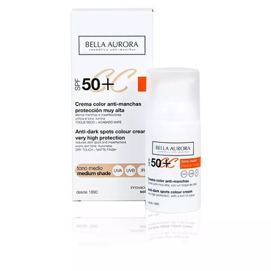 Bella Aurora CC SPF50 Color Anti-Mörkfläckskräm, Perfektionerande ansiktskräm med färg, 30 ml
