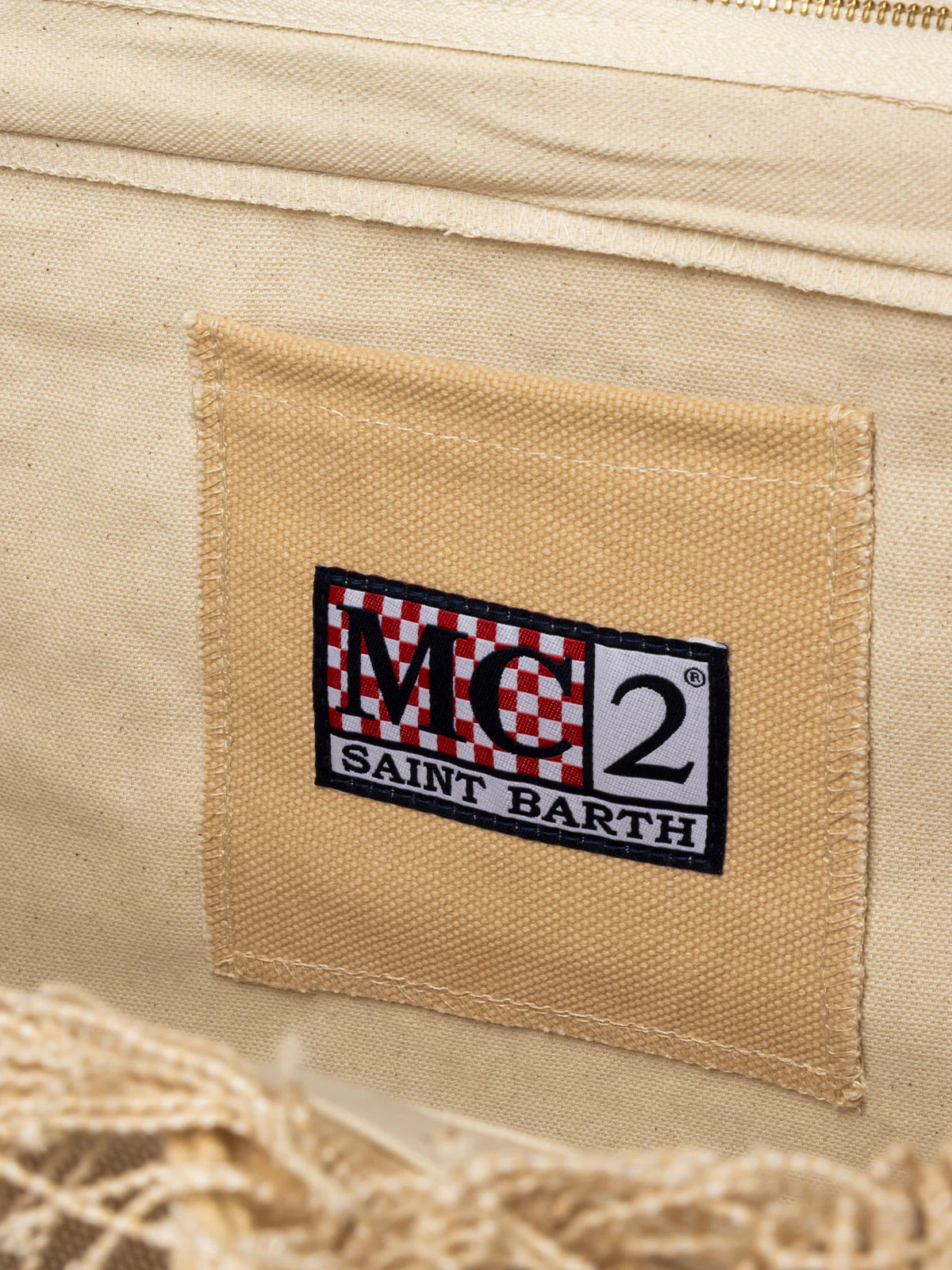 Bolso tote Vanity de lona de algodón con flecos | Beige, logotipo de Saint Barth, solapa interior con cremallera, bolsillo interior, espacioso y resistente | MC2 Saint Barth