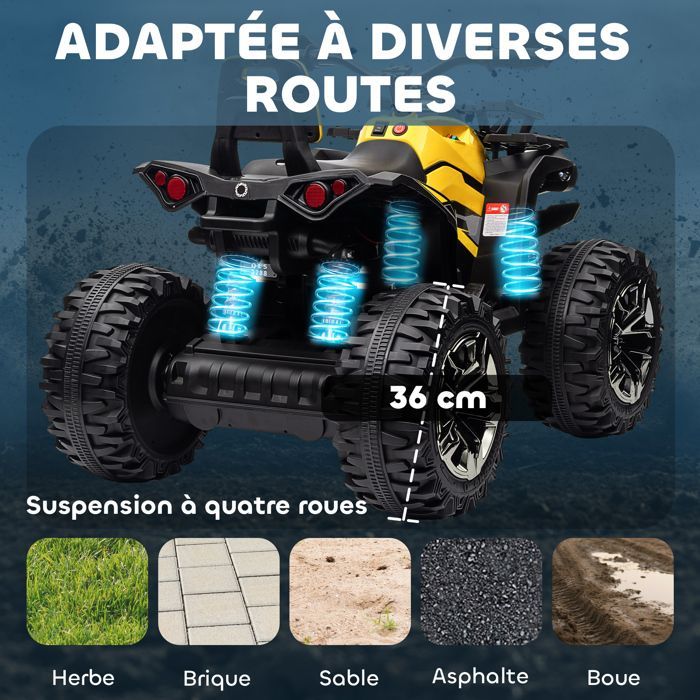 Children's Electric Quad Buggy - HOMCOM - 12V 8 km/h Max. - Light and Sound Effects - Front Luggage Rack - Metal PP - Yellow/Black