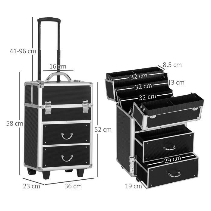 HOMCOM - Estuche de maquillaje - Aleación de aluminio - 36x23x58cm - Negro