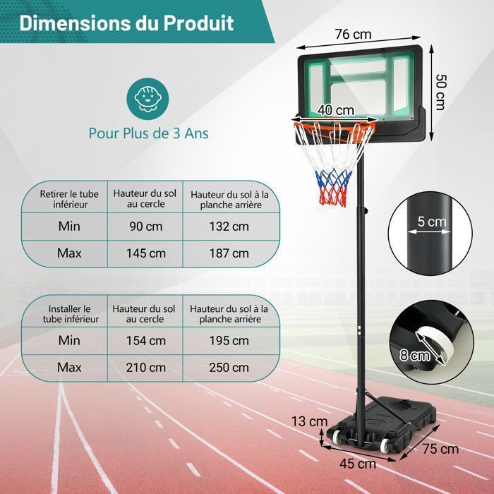 Aro de baloncesto independiente COSTWAY con ruedas - Altura ajustable de 90 a 210 cm - Tablero de PE - Se puede rellenar con agua o arena - Para mayores de 3 años - Verde