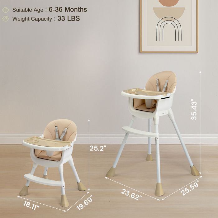 Trona para bebé - ALIGHTUP - Trona convertible, dos alturas ajustables, cojín y bandeja extraíbles - Beige