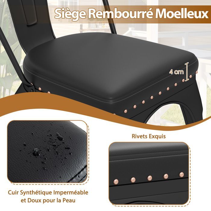 Lot 4 Chaises à Manger Empilables en Métal - COSTWAY - Dossier Amovible - Assise Rembourrée en Cuir Faux - 53 x 44 x 84 cm Noir