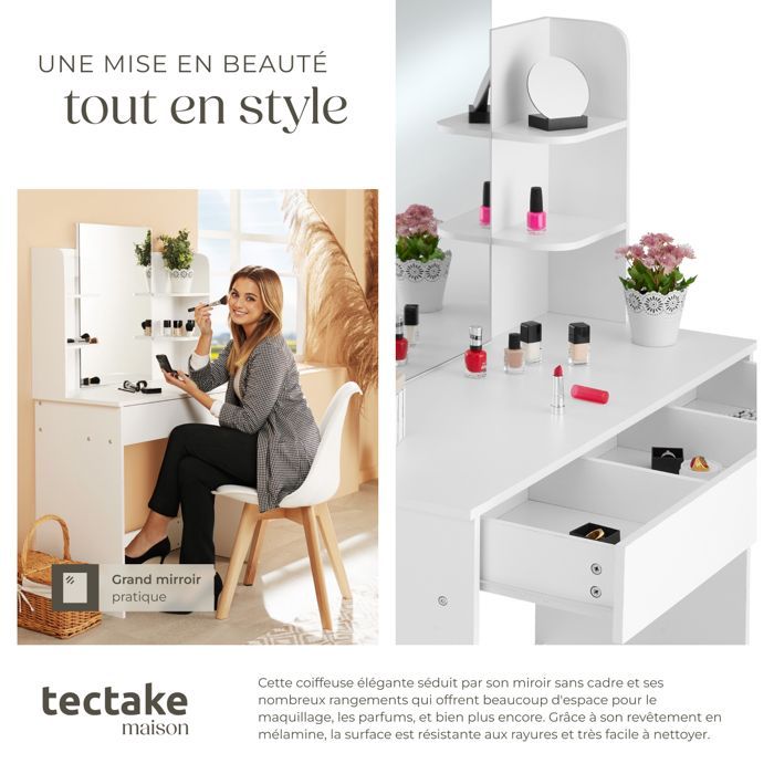 Coiffeuse - TECTAKE - Table de maquillage CAMILLE avec tiroir et 4 compartiments 100 x 40 x 139,5 cm - Blanc