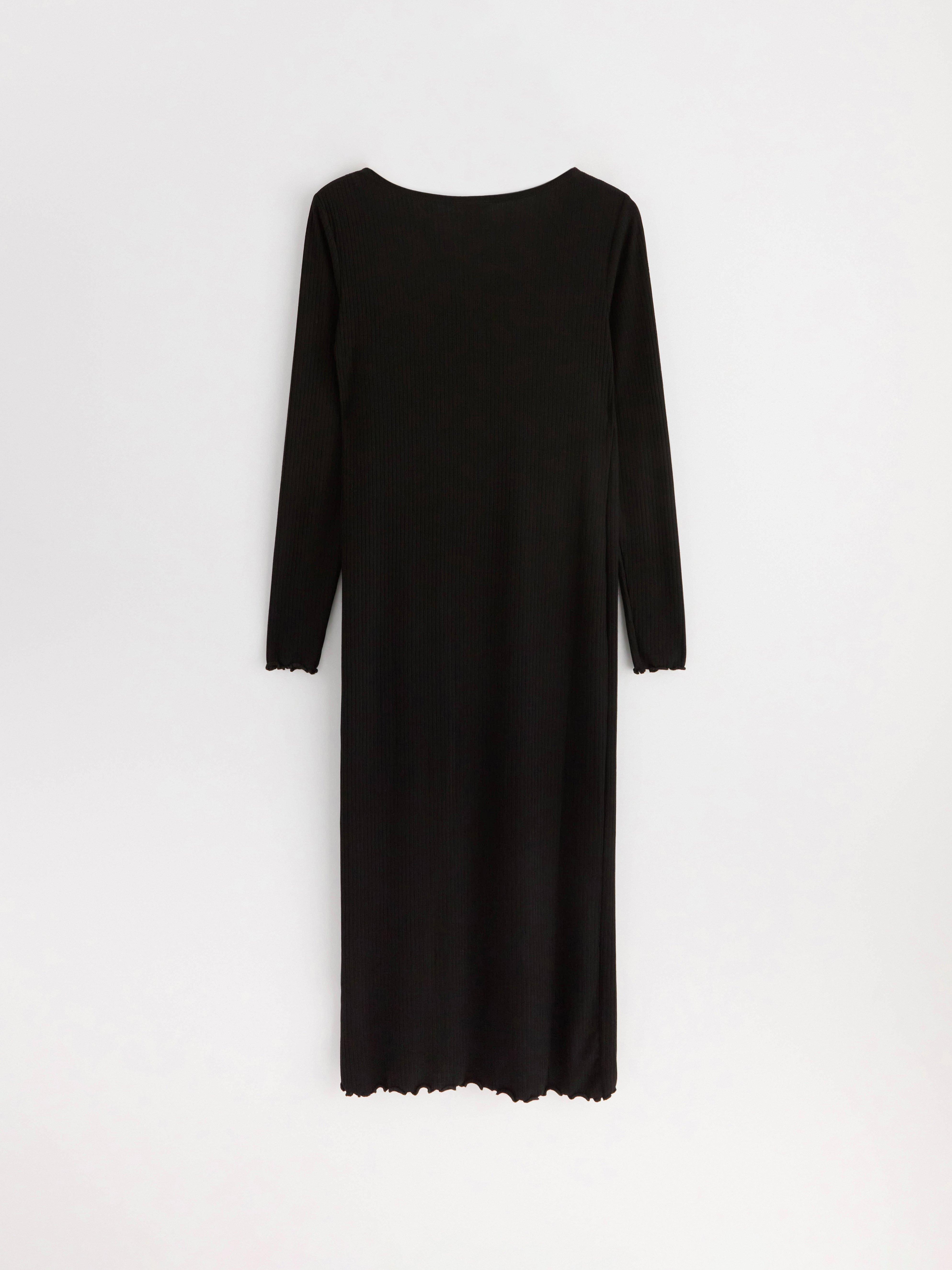 Vestido de punto acanalado de manga larga para mamá, color negro.