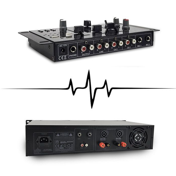 Pacchetto completo per impianto audio DJ: amplificatore da 3000 W + 2 altoparlanti da 2000 W, mixer USB Bluetooth, struttura di illuminazione a LED multieffetto.