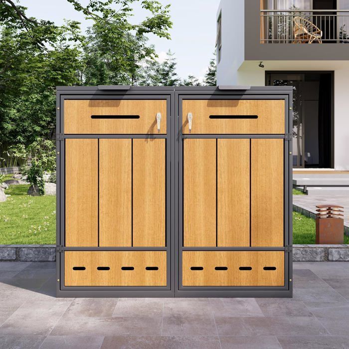 Bin enclosure for two 120-240L bins, wood-look divider cabinet, lockable, with ventilation system