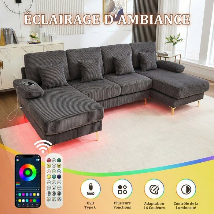 Canapé en U - LANGTU - Relaxation - Velours gris - LED d'ambiance & USB-C - Bois massif 4 places