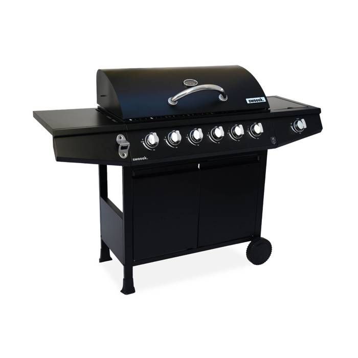 Treville gas barbecue - 7 burners including 1 black side burner, with thermometer