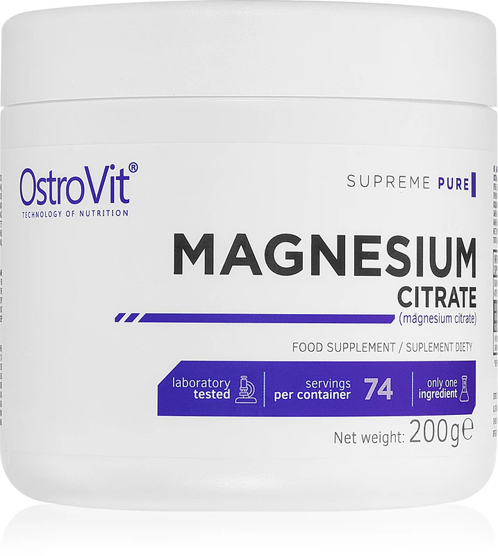 suplemento alimentar OstroVit Supreme Pure Magnesium Citrate aumenta o desempenho físico e a regeneração.