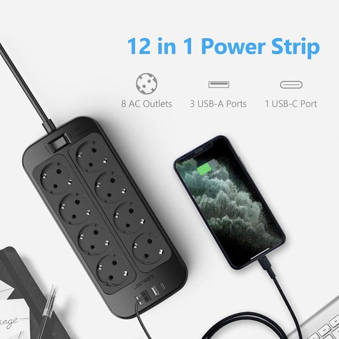 8-Outlet Power Strip with 1 USB-C Port, 3 USB-A Ports (5V 3.4A/17W), Surge Protector with Switch, 2m Cord