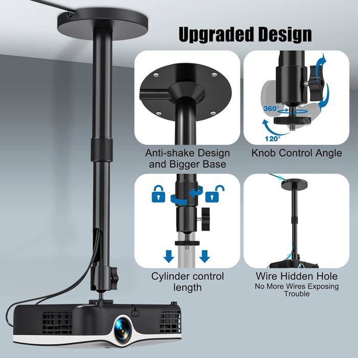Soporte de techo para proyector - ZGEER - Soporte de pared para proyector - Poste extensible de 27,5 a 38 cm - Rotación de 360°