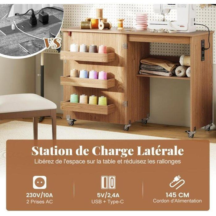 Folding Sewing Table -RELAX4LIFE- Integrated Charging Station - Large Tabletop - 3 Compartments - Storage Shelf - Natural