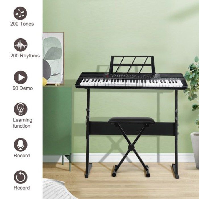 Teclado de piano de 61 teclas, con soporte y banqueta, 200 timbres, 200 ritmos, 60 canciones de demostración.