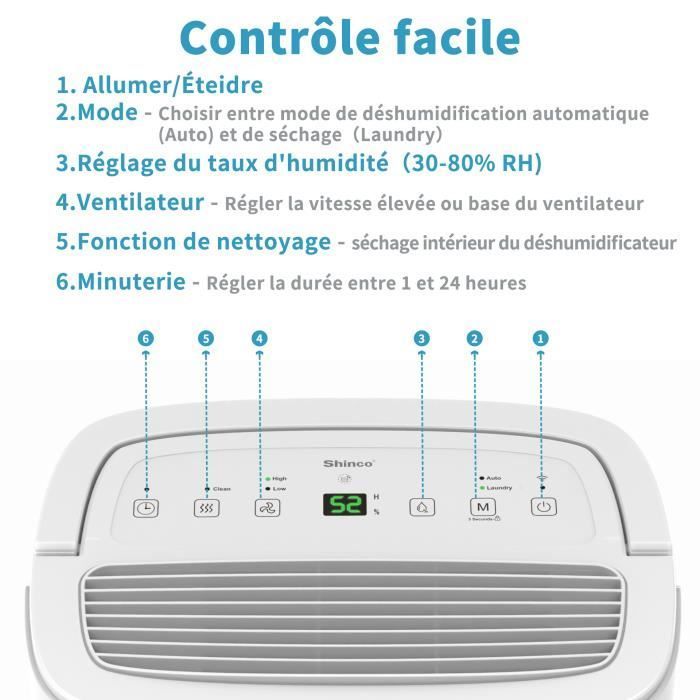 Shinco WIFI Déshumidificateur 50L-Jour, Purificateur d'air, Filter à Charbon Actif, Drainage Continu, Fonction Sèche-Linge, Blanc