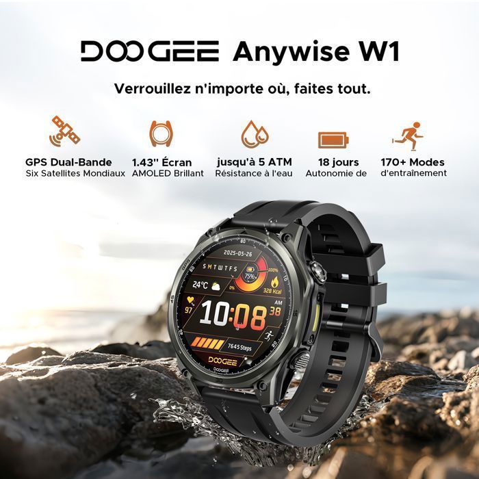 DOOGEE Anywise W1 Montre Connectée – 5ATM Etanche, GPS Double Fréquence, 170+ Modes Sportifs, Écran AMOLED 1.43'' - Noir