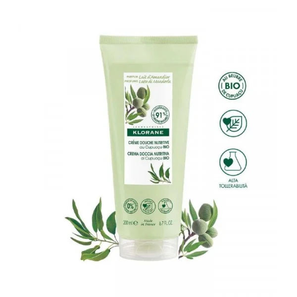Creme de Banho Klorane com Leite de Amêndoas e Manteiga de Cupuaçu Orgânica 200 ml. Rico efeito de limpeza e suavização.