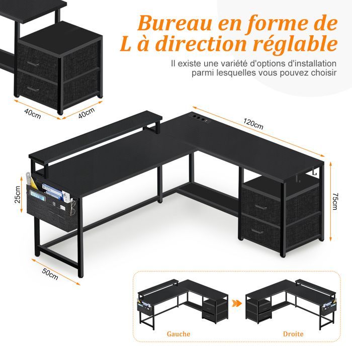 Scrivania angolare da gaming - Tavolo da gaming a L con supporto per monitor - 2 cassetti portaoggetti - 3 porte CA + 2 porte USB - 120x120x75 cm - Nero