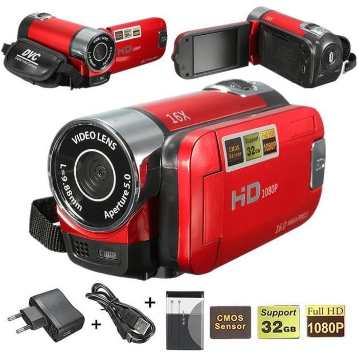 Videocamera digitale ricaricabile con sensore CMOS da 16 MP, zoom 16x, schermo LCD FHD 1080P da 2,7 pollici, ideale come regalo (colore rosso).