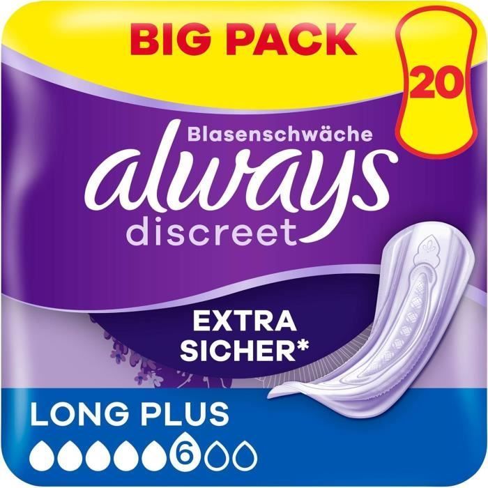 Serviettes d'incontinence - ALWAYS DISCREET - Long Plus - Lot de 20 - Protection anti-fuites - Confort optimal