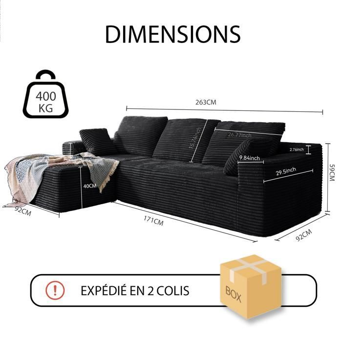 Divano angolare sinistro 263x171x59cm, 4 posti, forma libera, non richiede montaggio, divano a L con chaise longue, velluto a coste nero