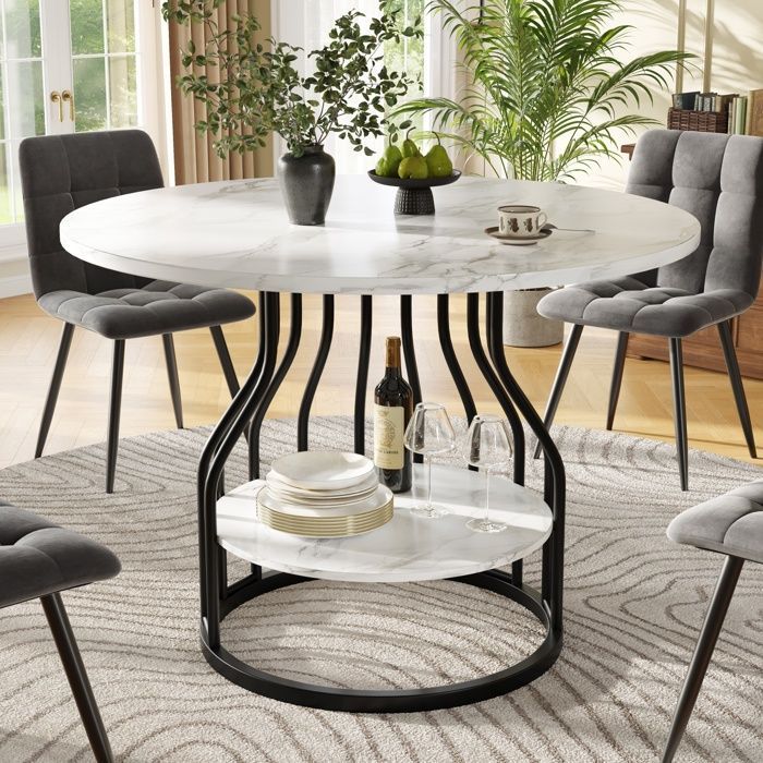 Dining Table with Shelf - MDF - Modern Round Table for Kitchen, Living Room, Dining Room - 80x80x76cm - Black