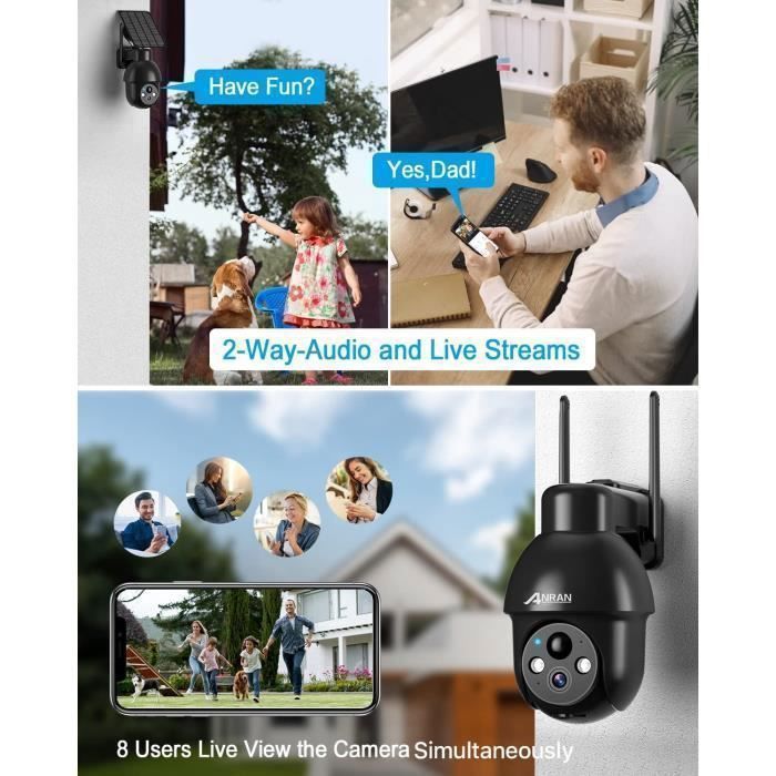 ANRAN Telecamera di sorveglianza wireless da esterno con pannello solare, risoluzione 2K HD, 3 MP, rilevamento di movimento PIR, compatibile con Alexa e Google Home - Q03 Nero