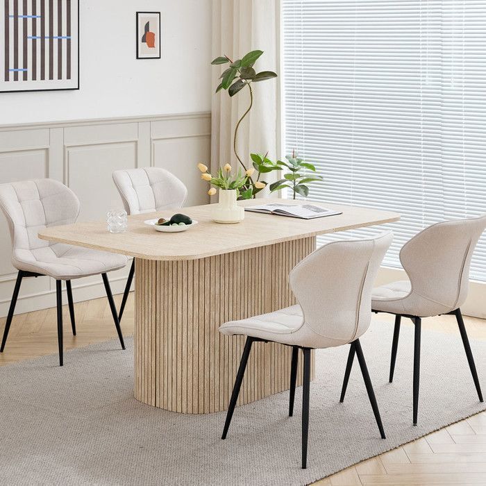 Ovale eettafel - Eettafel met houten onderstel - Groot MDF-blad - Eettafel in moderne stijl - 160 cm lang - Geel travertijn