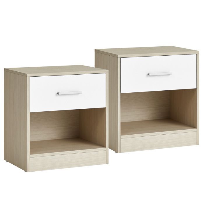 VASAGLE Table de Nuit, Lot de 2, Table d’Appoint, avec Tiroir, Poignée, Compartiment Ouvert, Table Basse, Beige Naturel et Blanc