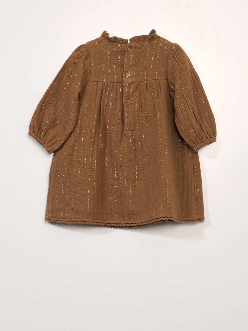 Jurk van katoenen gaas + panty - 2-delig - BRUIN