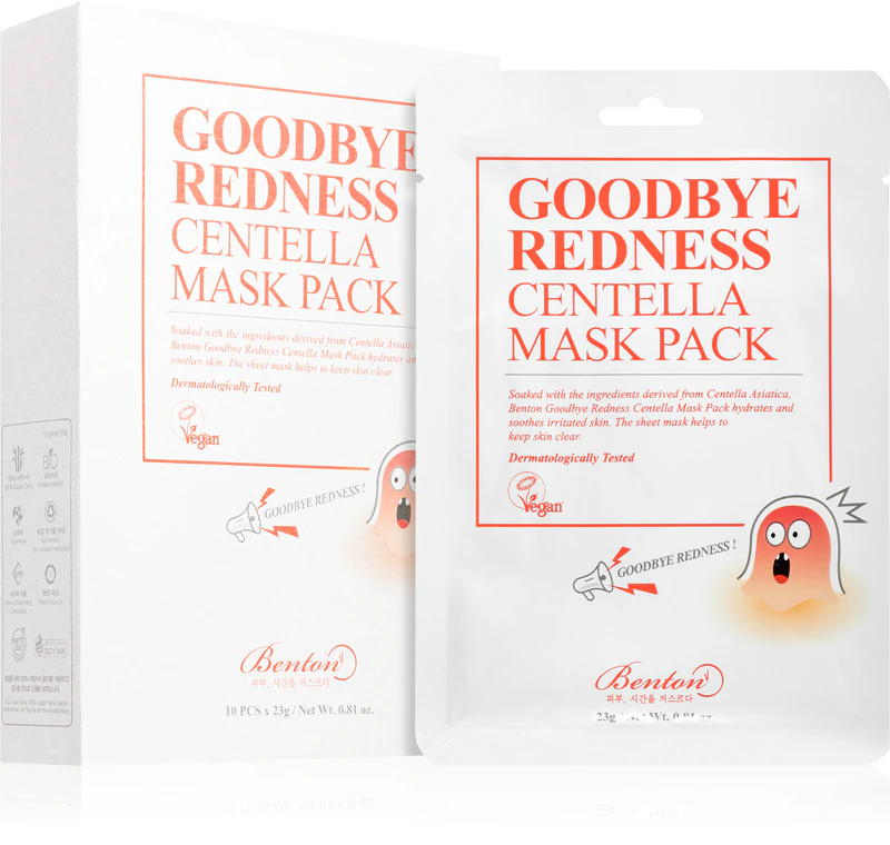 Máscara facial calmante Benton Goodbye Redness Centella para pele com problemas.
