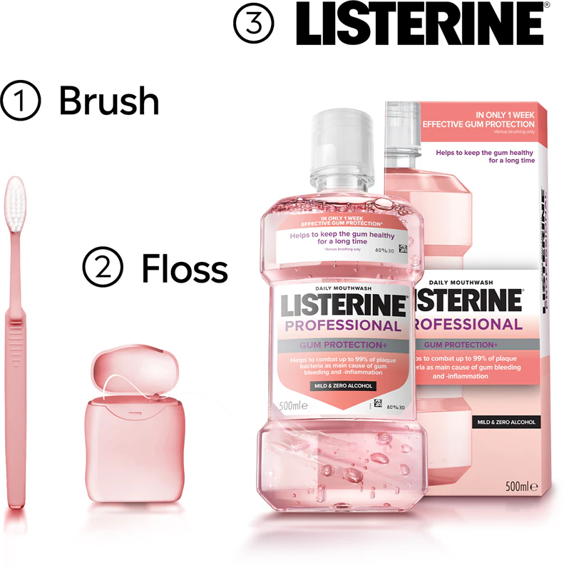 enxaguante bucal Listerine Professional Gum Protection+ protege os dentes e as gengivas.