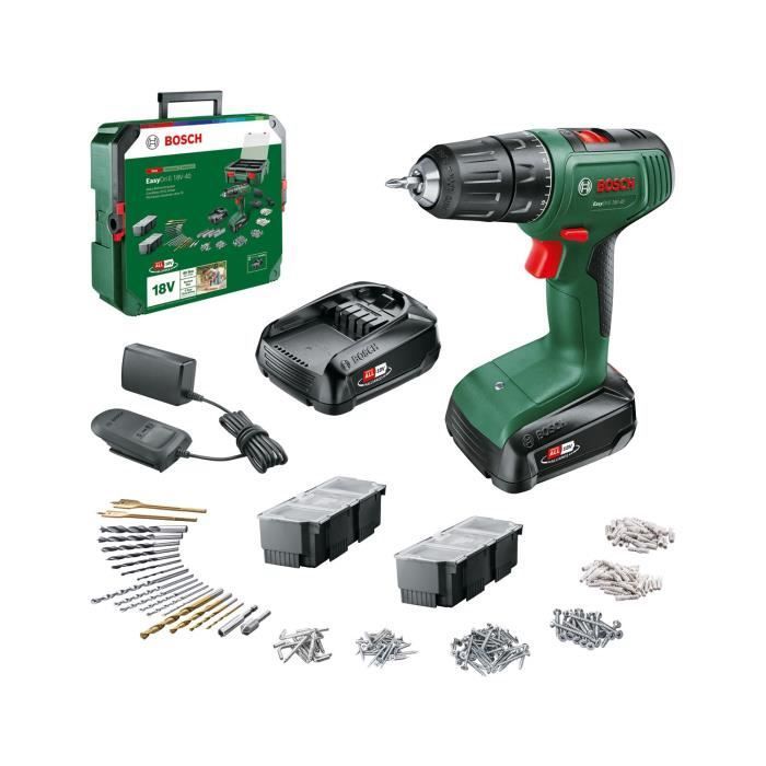 Taladro atornillador inalámbrico Bosch EasyDrill de 18 V y 40 mm + 2 baterías de 18 V y 1,5 Ah + Systembox con 241 accesorios + Cargador AL1810CV 06039D8007