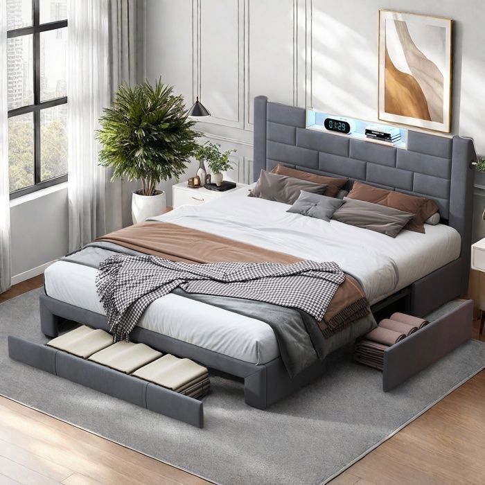 Cama de 140x190 cm - TANANT - Cama para adultos con iluminación LED - 3 cajones - Tapizado en terciopelo gris - Cama doble