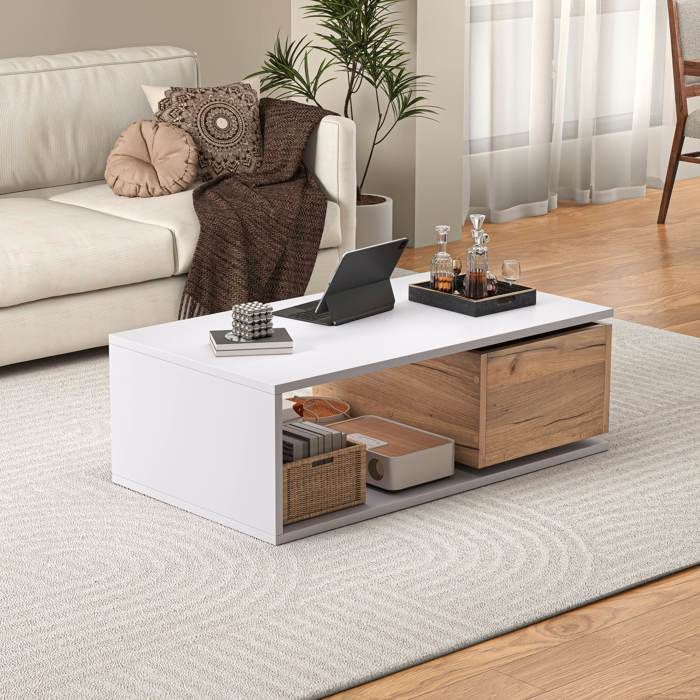 Table basse en bois 90 x 50 x 30 cm avec tiroir pivotant Table de salon avec espace de rangement ouvert Couleur blanche et bois