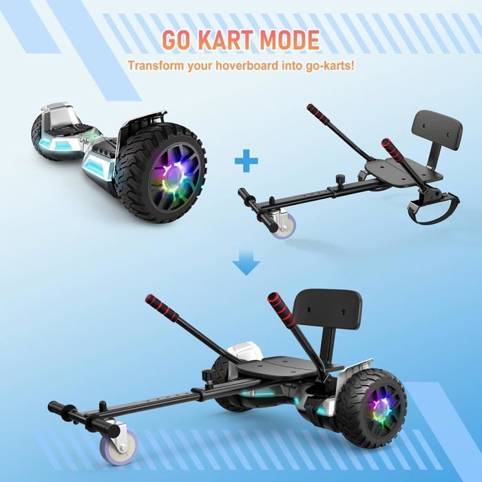 Hoverboard with integrated seat, 8.5 inches with Bluetooth speaker and LED lights for children (including pedal kart) Silver