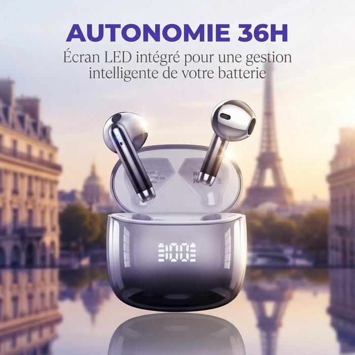 Écouteur sans Fil - GSQZLTE - HiFi Stéréo Basses - 4 ENC Réduction de Bruit Mic - 42H Récréation - Bluetooth 5.4 Casque - Noir