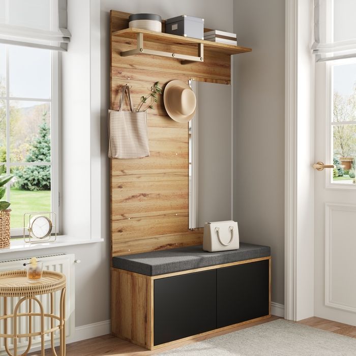 Mueble de recibidor de madera de 100x38x190 cm con perchero, espejo, banco tapizado, zapatero y estantes - Negro+Natural