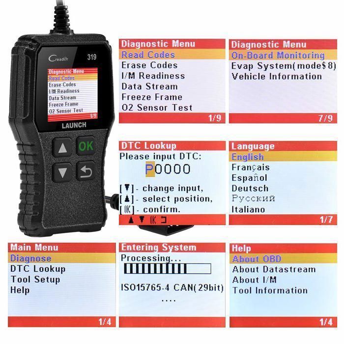 Scanner de diagnóstico automotivo LAUNCH CR319 OBD2/EOBD/CAN para leitura e eliminação de códigos de erro do motor.