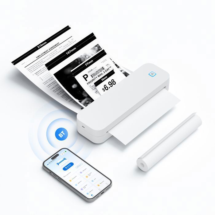 Imprimante Thermique A4 203DPI Portable sans Encre Bluetooth, Papier Thermique A4 (210x297mm), 80mm, Mini Scanner Imprimante