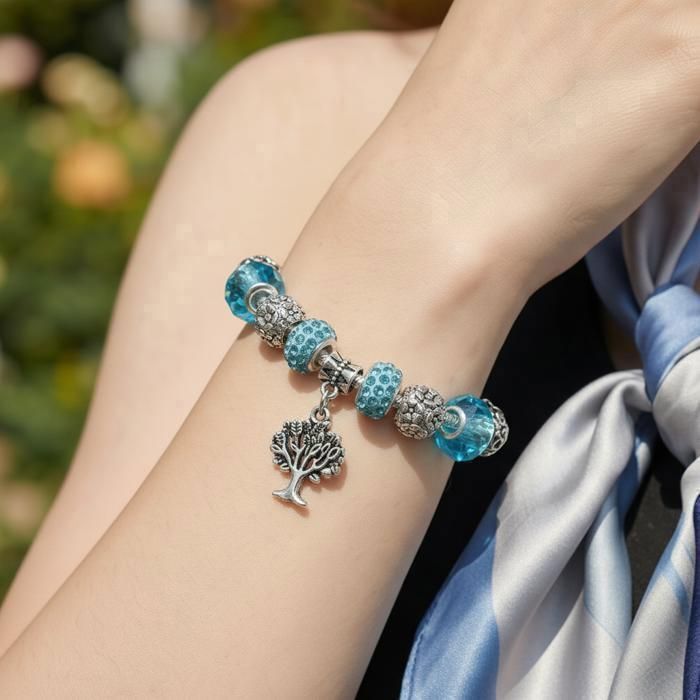 Armband – Damen – Schlangenkette – Lebensbaum – Lagunenblau – Silberne Akzente – 18 cm