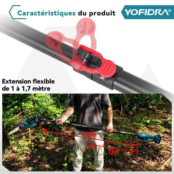 YOFIDRA  Elagueuse sur perche  électrique sans fil 8 pouce, Perche télescopique 100-170 cm, 2X 3000mAh Batteries