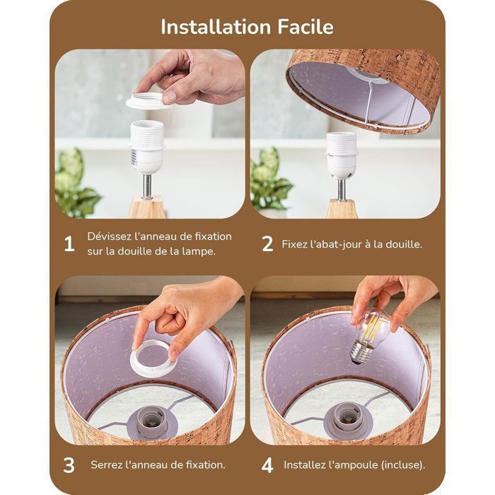 Lámpara de mesa EDISHINE con pantalla de corteza natural, base teñida en roble claro y bombilla LED E27 incluida.